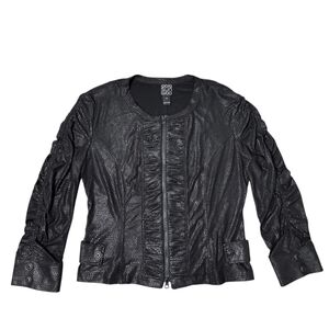 Clara Sun Woo Sz M Black Liquid Leather Ruched Animal Print Stretch Jacket